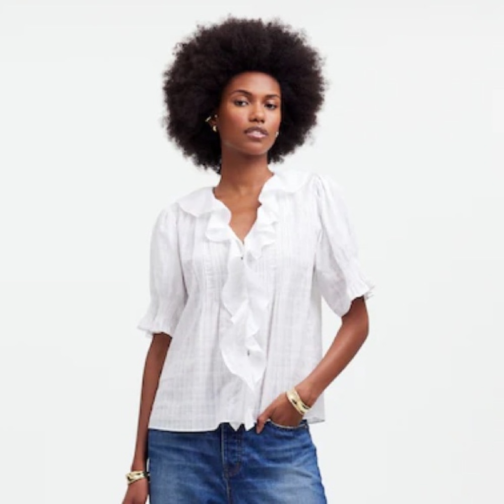 Ruffle Puff-Sleeve Peplum Top in Windowpane